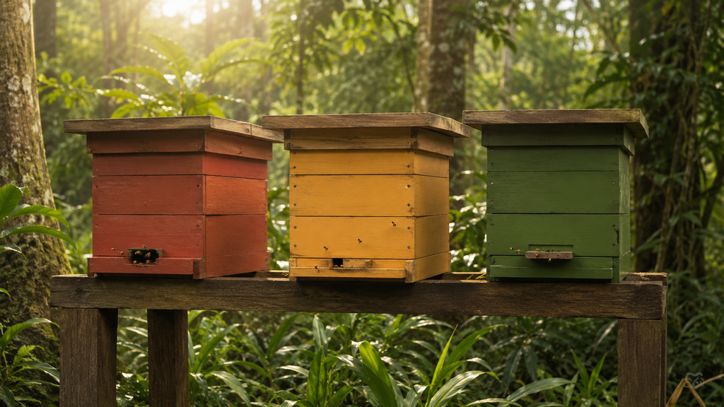 Caixas de abelhas sem ferrão com fachadas de cores diferentes em um meliponário